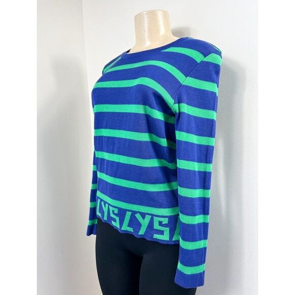 Rare Vintage YVES SAINT LAURENT Blue Green Striped 'YSL' Logo Sweatshirt… - Picture 6 of 12